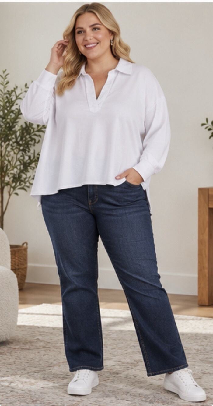 Anna-Kaci Women’s XL White Long Sleeve Collared Split Neck Pullover Top
